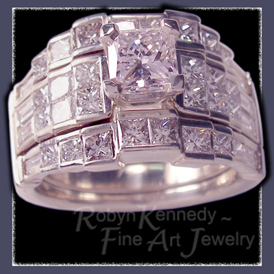 18 Karat White Gold, Princess and Baguette Cut Diamonds Wedding and Engagement Ring Set Image