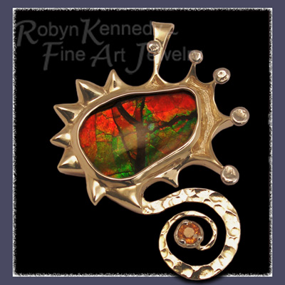 18 Karat Yellow and Whtie Gold, Ammolite and Orange Sapphire, 'Universal Peace' Pendant / Brooch Image