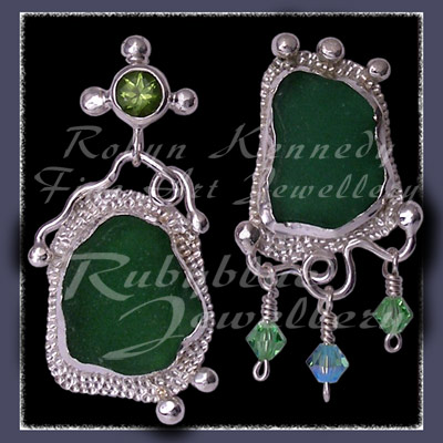 Sterling Silver, Genuine Great Lakes Beach Glass, Peridot and Swarovski Crystal  Earrings Image