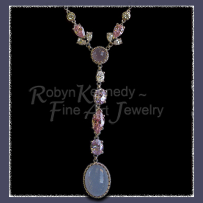 Dazzling Platinum and 14 Karat White Gold Necklace Featuring Lavendar and Blue Chalcedony and Pink, Lavendar and White Cubic Zirconia's , One-of-a-Kind 'Delica Necklace Image