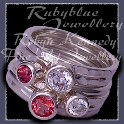 Sterling Silver, Pure Pink Topaz,  Rhodolite Garnet and Swarovski Cubic Zirconias, 'Revelry' Stacker Ring Set Image