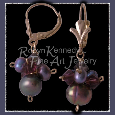 14 Karat Yellow Gold, Black, Purple & Blue-purple Freshwater Pearls and Austrian Crystal  'Raz-Amma-Taz' Earrings Image