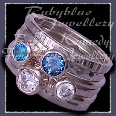 Sterling Silver, Teal and Paraiba Blue Topaz and Swarovski Cubic Zirconias, 'Revelry' Stacker Ring Set Image