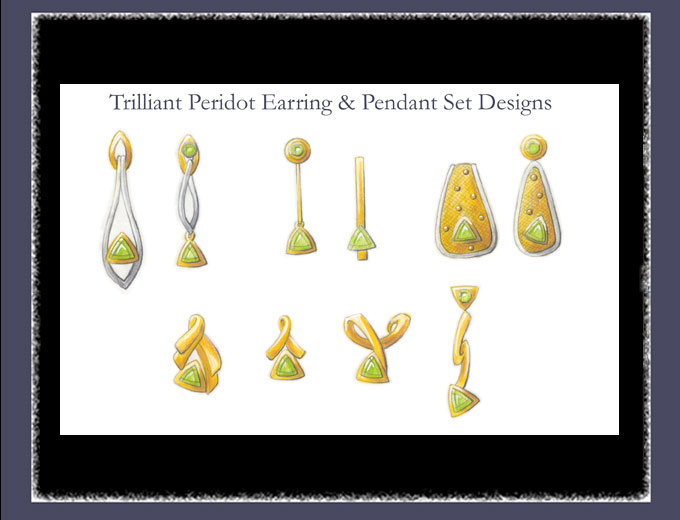 A Variety of Trilliant Peridot Earrings and Pendant Set Renderings Image