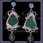 Sterling Silver, Great Lakes Beach Glass, Paraiba Topaz and Black Pearl Earrings Image