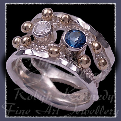 10 Karat Yellow Gold, Sterling Silver, Diamond & London Blue Topaz 'Chic Teresa' Ring Image