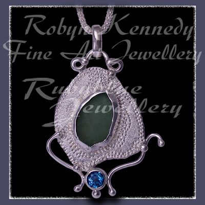 Sterling Silver, Great Lakes Beach Glass and Teal Topaz 'Beachglass' Pendant 10 Image