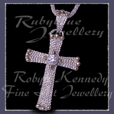 10 Karat Yellow Gold, Sterling Silver and White Topaz 'Divine' Cross Pendant Image
